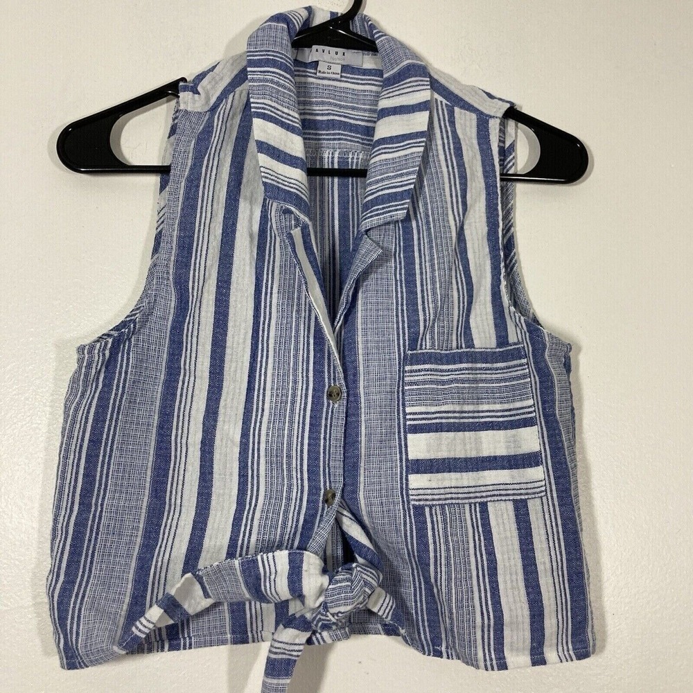 Favlux Fashion Blouse Women's Small White‎ Striped Cropped Sleeveless Button Up